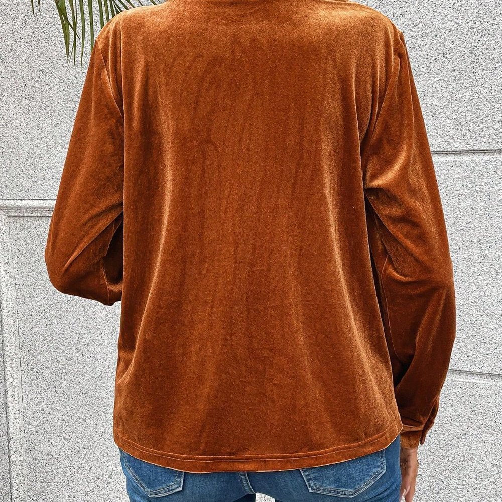 Brown Casual Womens Notched Neckline Velvet Tee - Picture 2 of 5
